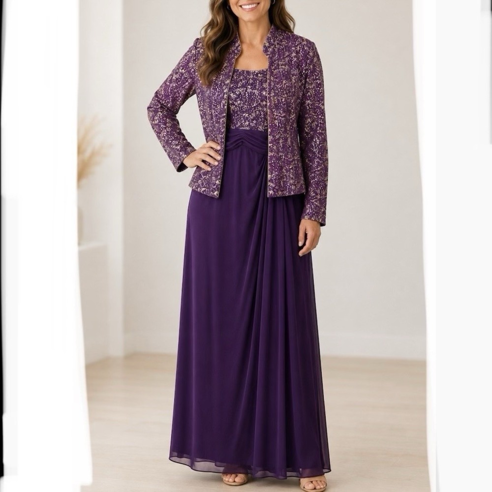 Alex Evenings Purple Gold Glitter 2 Piece Jacket Sleeveless Maxi Dress Set 14W
